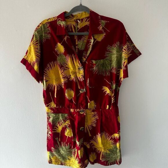 Free People Maroon Red Palm Print Linen Button Front Collared Romper Size M - Picture 1 of 14